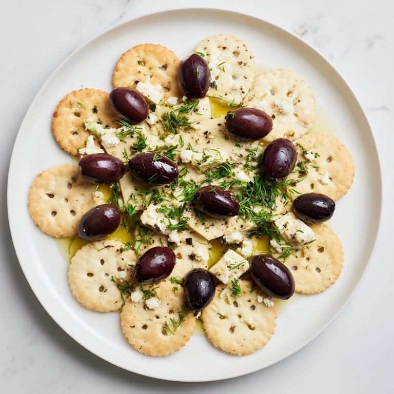 A delectable Cobblestone Courtyard: a colorful appetizer featuring olives nestled among circular crackers.