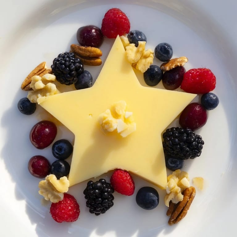 This Shooting Star Cheese Board showcases a star-shaped cheese with a vibrant cascade of fresh berries and nuts.