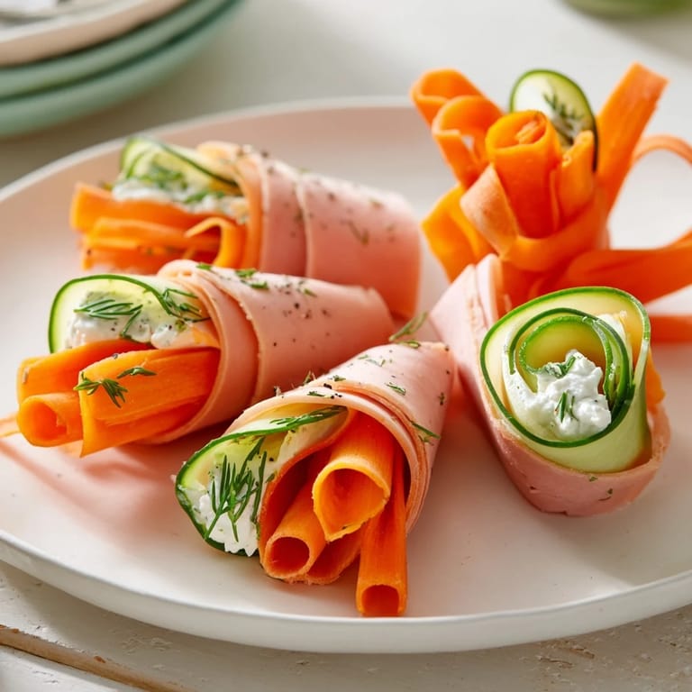 Delicate smoked turkey rolls, beautifully adorned with colorful ribbons, create the perfect Ribbon Dancer appetizer.