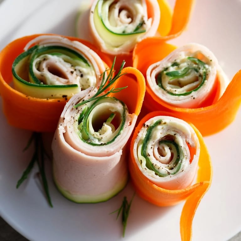 Fresh, light Ribbon Dancer bites; imagine cool cucumber and carrot wrapped around the turkey.