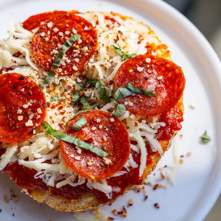 Golden-toasted Mini Pepperoni Pizza Bagels, ready to eat, featuring a perfect melty mozzarella layer.