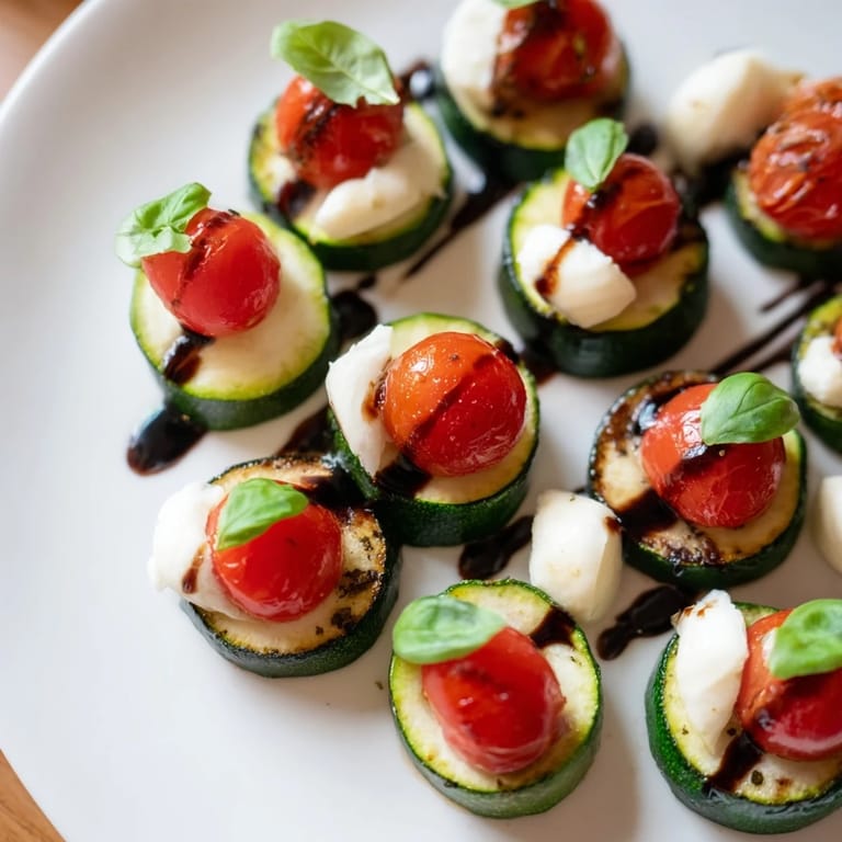 Homemade Zucchini Caprese Bites, drizzled with balsamic glaze, offer a burst of Italian flavors.