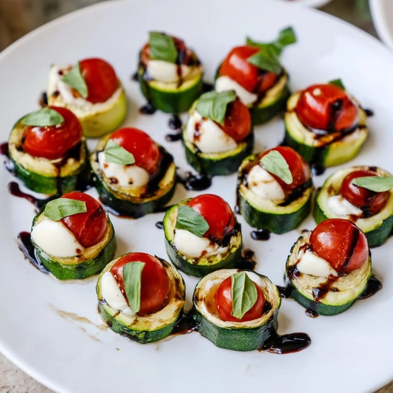 Vibrant Zucchini Caprese Bites, garnished with basil, ready to serve as a healthy vegetarian appetizer.