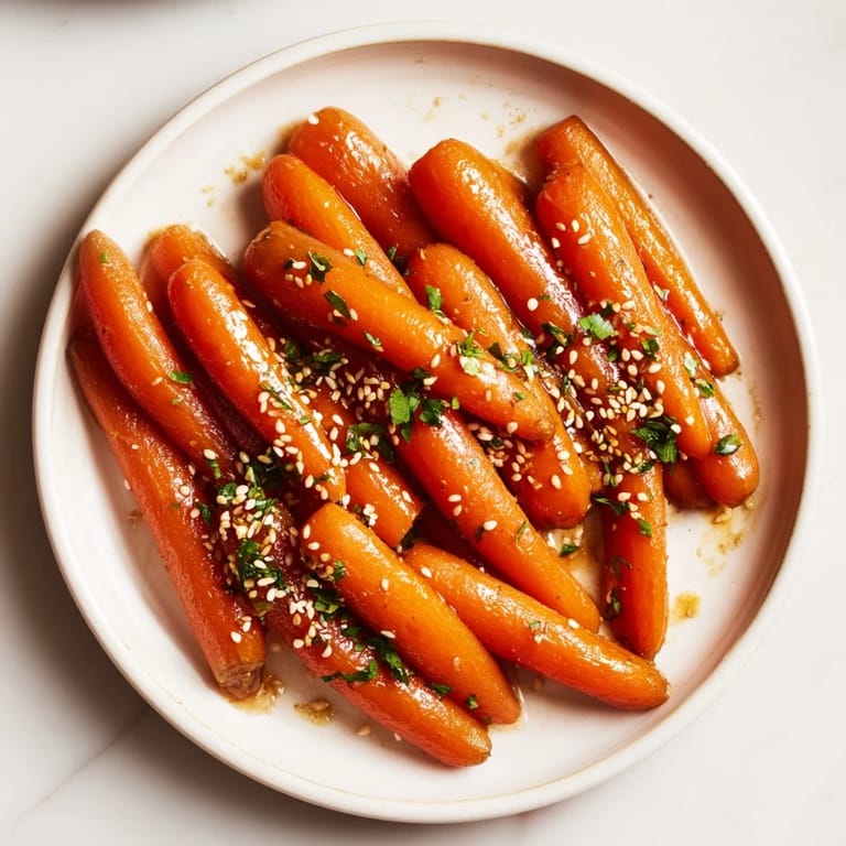 Vibrant orange Honey Soy Roasted Carrots, perfectly caramelized and sprinkled with sesame seeds, a tasty vegetarian dish.