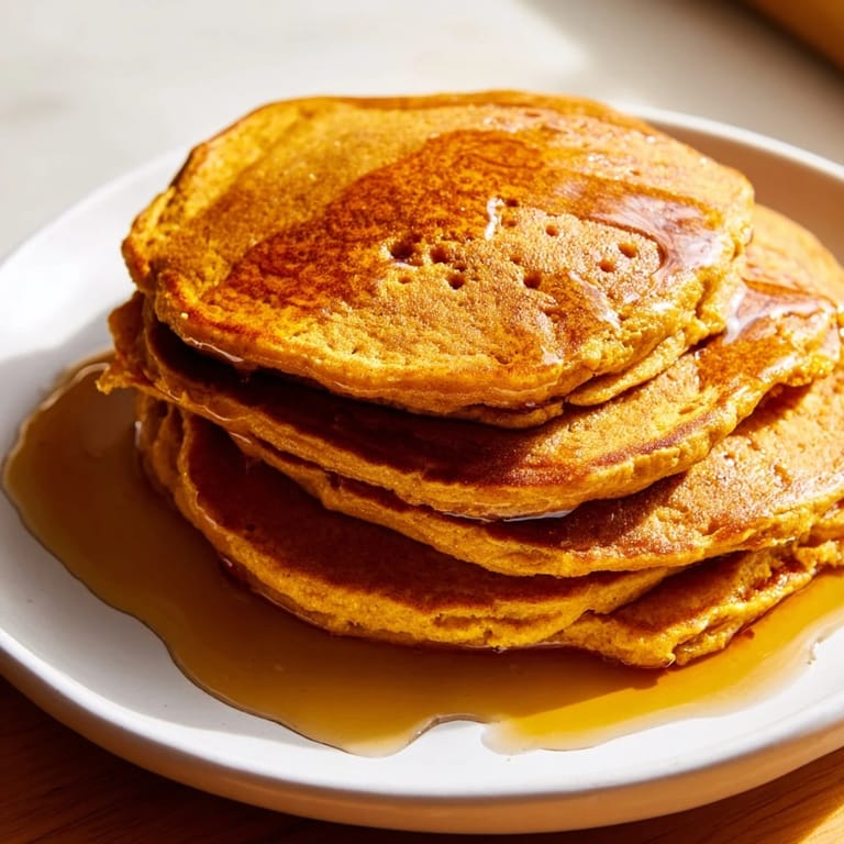 Fluffy pumpkin spice pancakes with a hint of cinnamon and nutmeg, perfect for a cozy brunch.