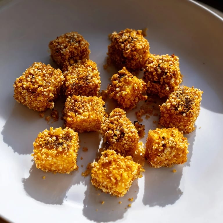 A close-up of crunchy popcorn tofu bites, offering a savory aroma and beautiful texture.