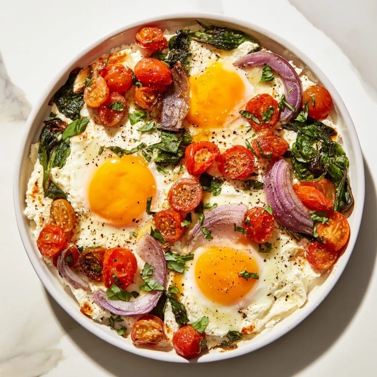 Creamy, bubbling Baked Feta Eggs with spinach and runny yolks, delicious Mediterranean breakfast.