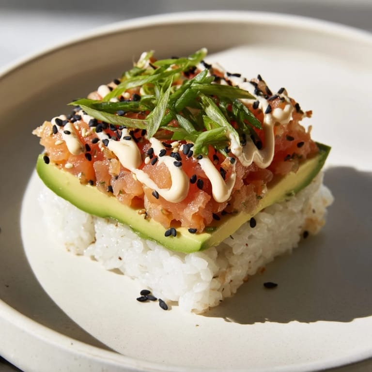 A close-up shot of the crispy rice salmon stack, featuring flaky salmon on golden rice squares.