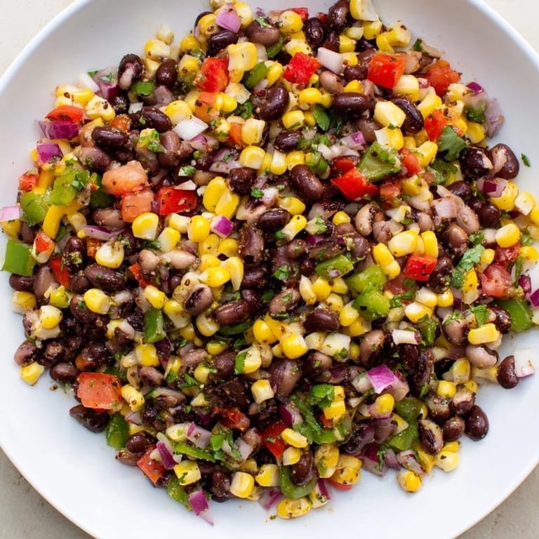 Bright, zesty Cowboy Caviar Salad showcasing vibrant corn and peppers, perfect for serving as a dip.