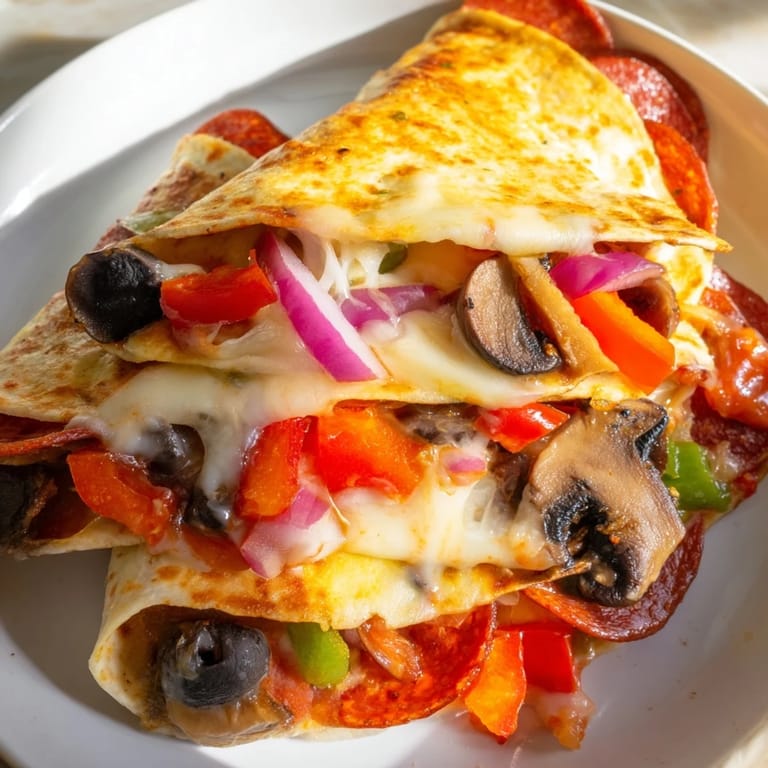 A delicious close-up of a crispy Tortilla Pizza Wrap filled with gooey cheese and savory toppings.