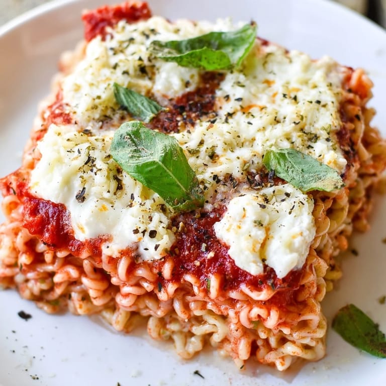 A close-up of a delicious ramen lasagna, showcasing melted cheese and bubbly, baked perfection.
