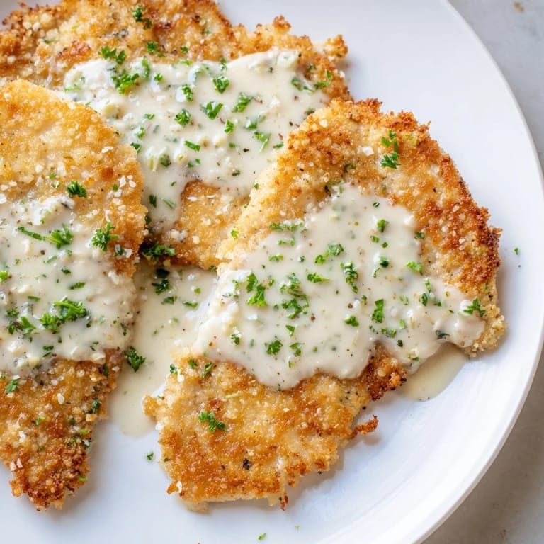 Close-up of crispy chicken with garlic cream sauce, drizzled over tender chicken and ready to eat.