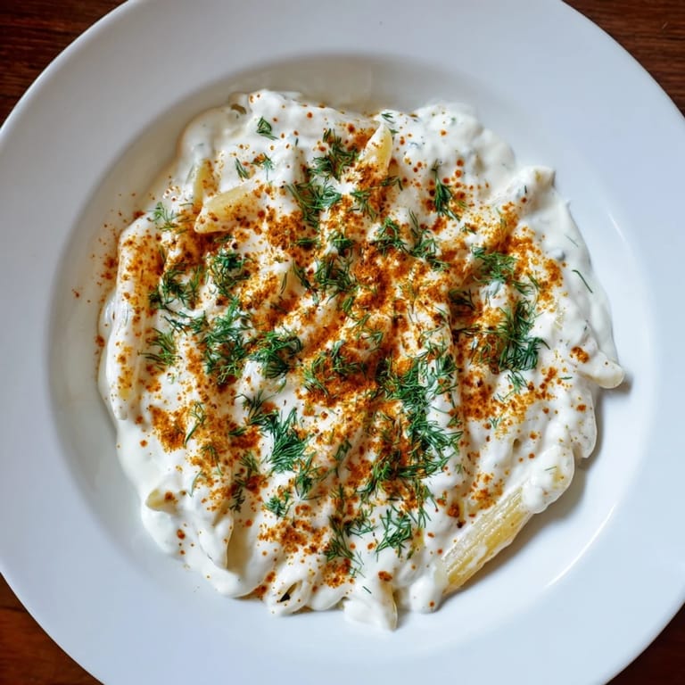 A close-up of flavorful Turkish Yogurt Pasta, with visible garlic and a sprinkle of herbs.
