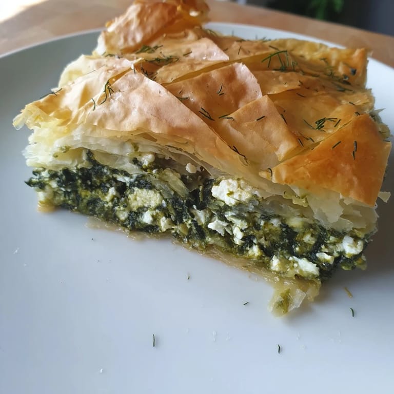 A close-up of a freshly baked Greek spanakopita, showing the crisp, golden crust and filling.