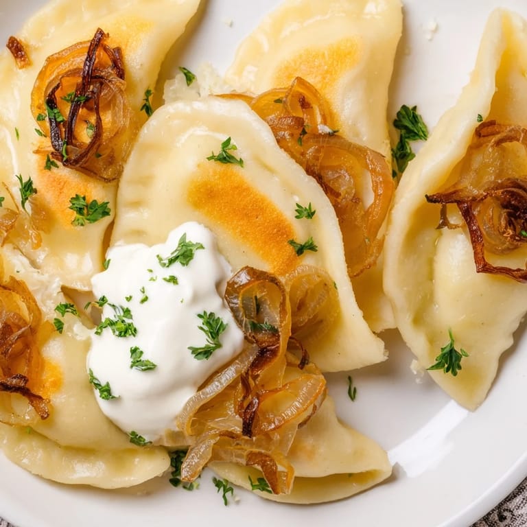 Steaming plate of Polish pierogi, pan-fried to crispy perfection, with sweet caramelized onions on top.