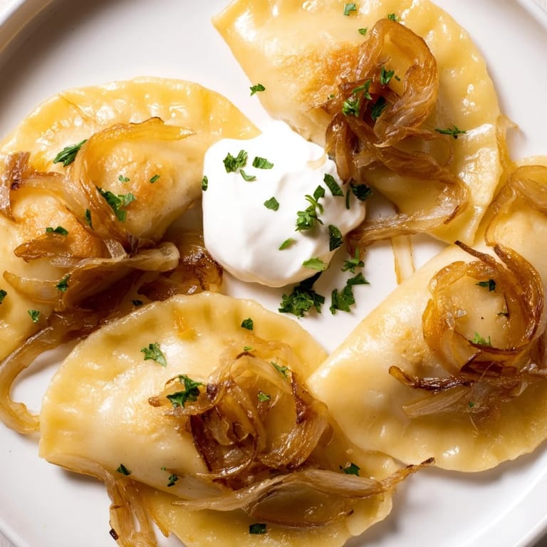 Close-up of fluffy, delicious Polish pierogi served with sour cream, a comforting homemade meal.