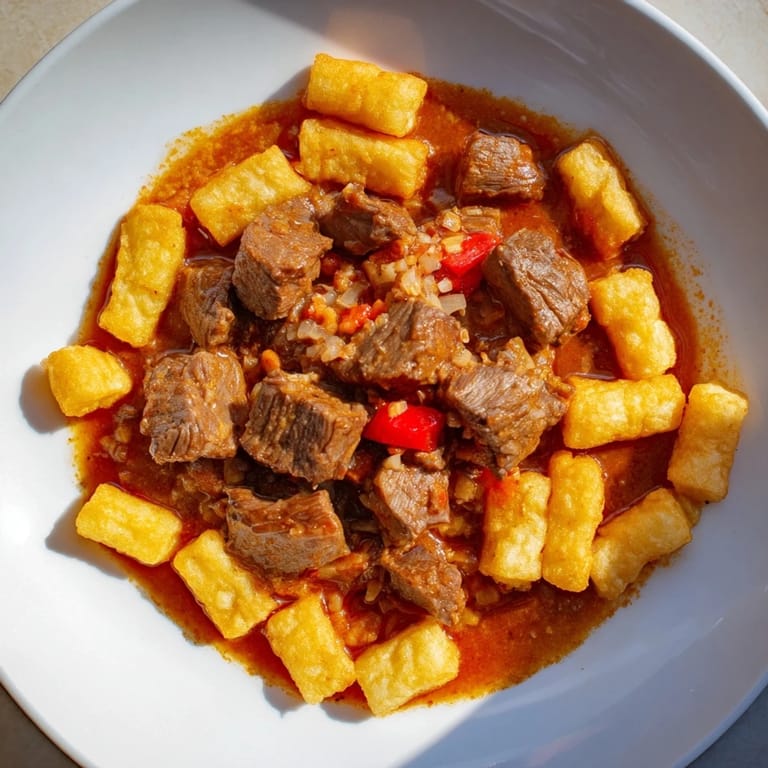 Golden-brown crispy potato strips perfectly complement the slow-cooked savory Czech Goulash photo.