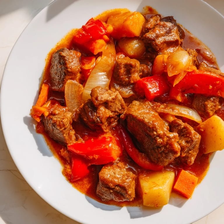 Close-up of bubbling Hungarian Goulash Stew, with chunks of beef and a deep red broth.