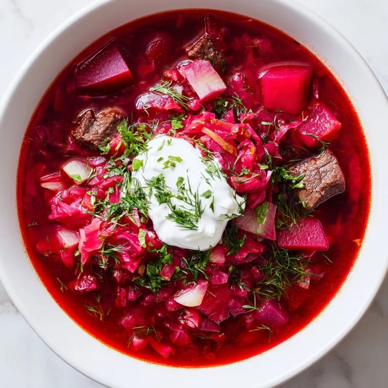 Enjoy a warm bowl of Ukrainian borscht soup, garnished with fresh dill, a delicious comfort food.