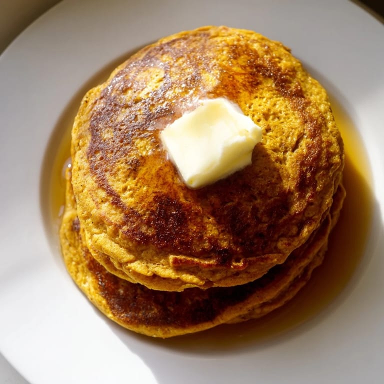 A close-up of fluffy Pumpkin Spice Pancakes on a white plate, showing their moist, spiced crumb and steam.  