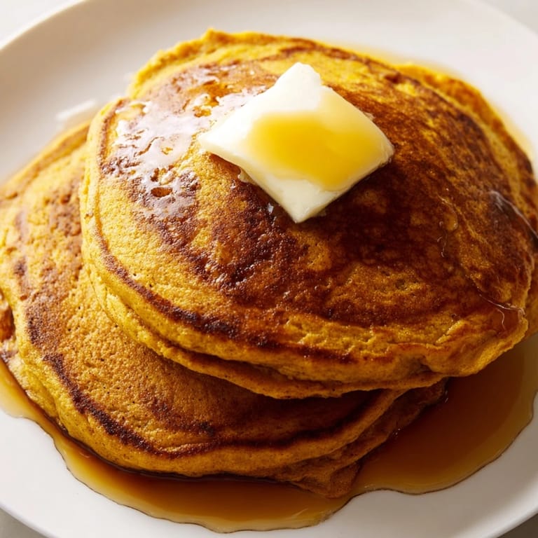 Freshly cooked Pumpkin Spice Pancakes served with maple syrup, chopped pecans, and a dusting of powdered sugar.