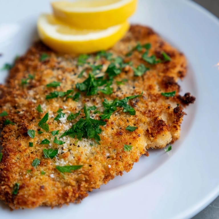 A close-up of Crispy Parmesan Chicken Cutlet reveals the crunchy panko and Parmesan crust over tender, juicy meat.