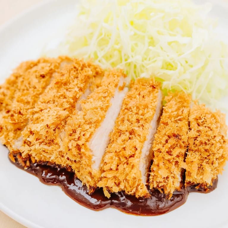 Crispy Japanese Chicken Katsu cutlet fried to perfection, accompanied by a savory tonkatsu dipping sauce and fluffy white rice.