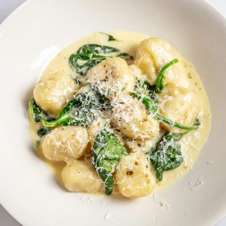 Creamy garlic gnocchi plated with extra Parmesan and black pepper, served alongside a crisp green salad for balance.  