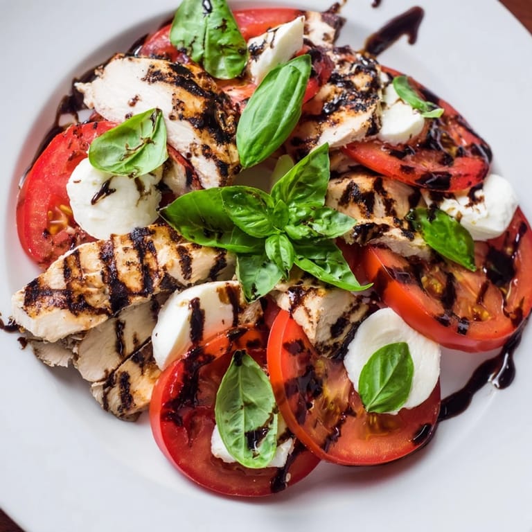 Vibrant chicken caprese salad featuring sliced chicken, vibrant greens, and a tangy balsamic drizzle on a white serving plate.