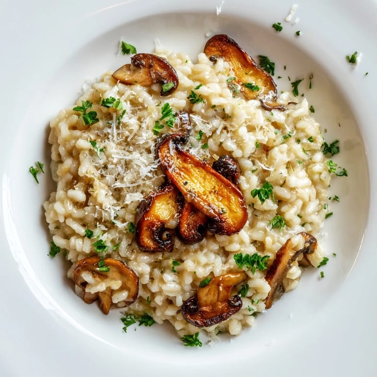 Serving suggestion for Roasted Mushroom Risotto in a rustic ceramic bowl, topped with thyme and shaved Parmesan, ready for a comforting vegetarian dinner.