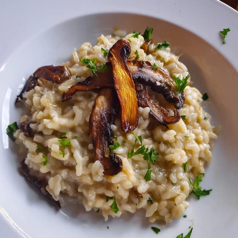 Steam rises from a warm bowl of Roasted Mushroom Risotto, showing its rich texture and golden, herb-infused mushrooms paired with fluffy arborio rice.  
