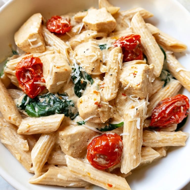 A serving of Greek Yogurt Chicken Pasta on a white plate, garnished with Parmesan and fresh basil, ready to eat.  