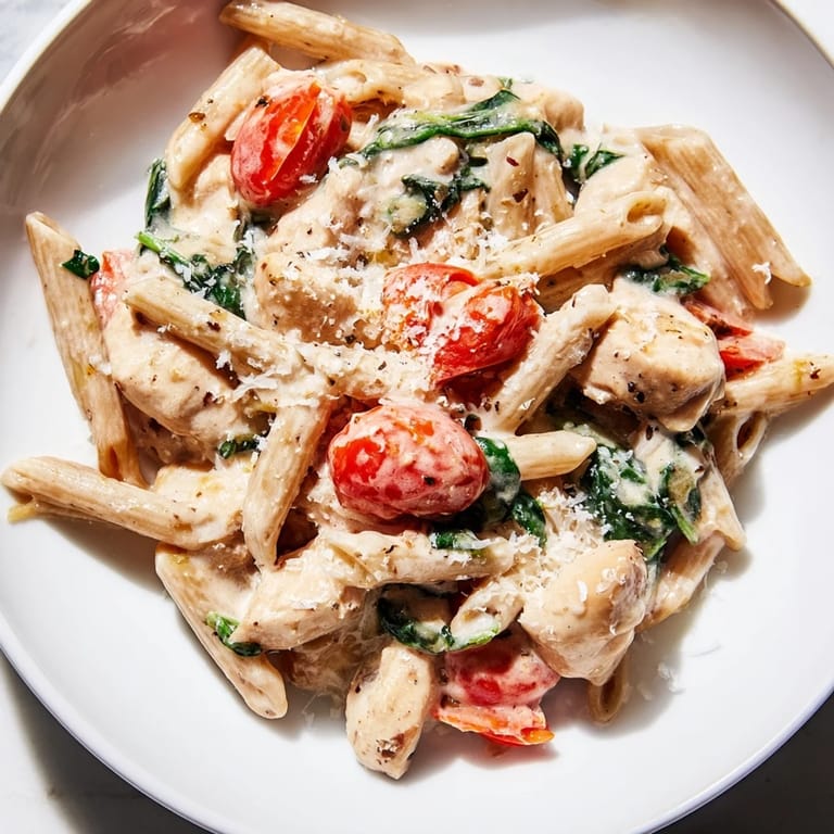 A skillet of Greek Yogurt Chicken Pasta with tender chicken and spinach in a creamy Greek yogurt sauce.