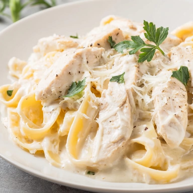 Golden Cajun Chicken Alfredo served over fettuccine, garnished with parsley for a vibrant finish.  