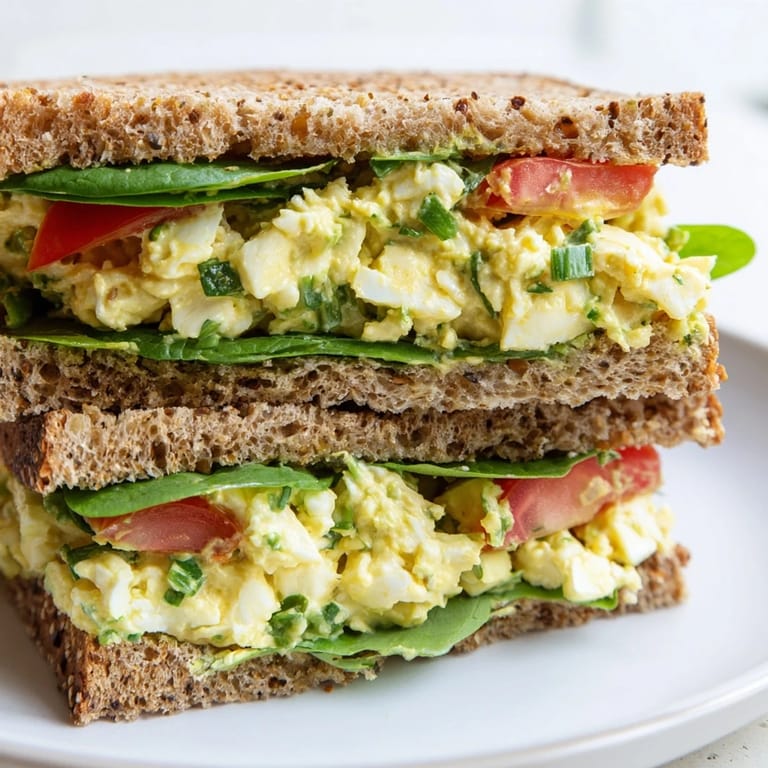 A close-up shows the vibrant green avocado egg salad sandwich on whole grain bread, garnished with chopped chives for flavor.