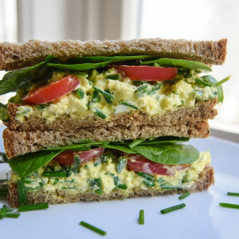 Freshly made avocado egg salad sandwich on whole grain bread, layered with spinach and juicy tomato slices, ready to serve.