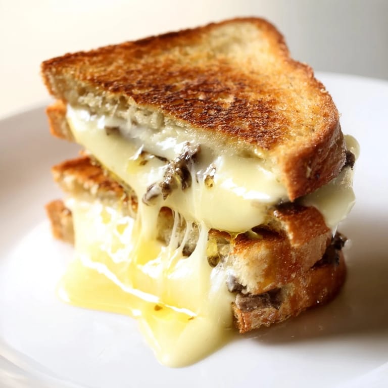 Freshly sliced Truffle Grilled Cheese resting on a cutting board, ready for a cozy lunch or snack.
