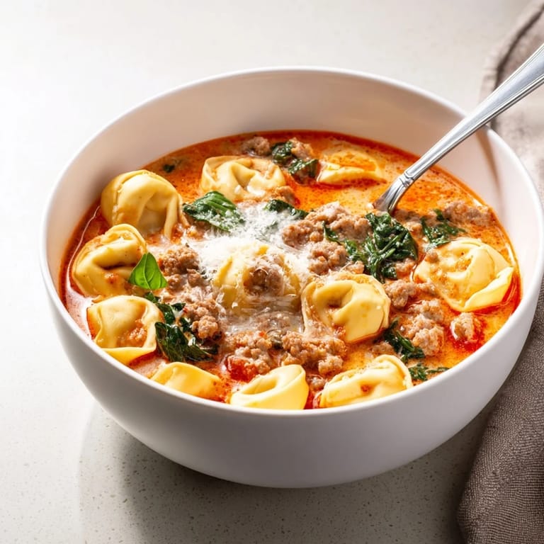 Comforting bowl of Tuscan Tortellini Soup topped with Parmesan, ready to serve with crusty bread and wine.  
