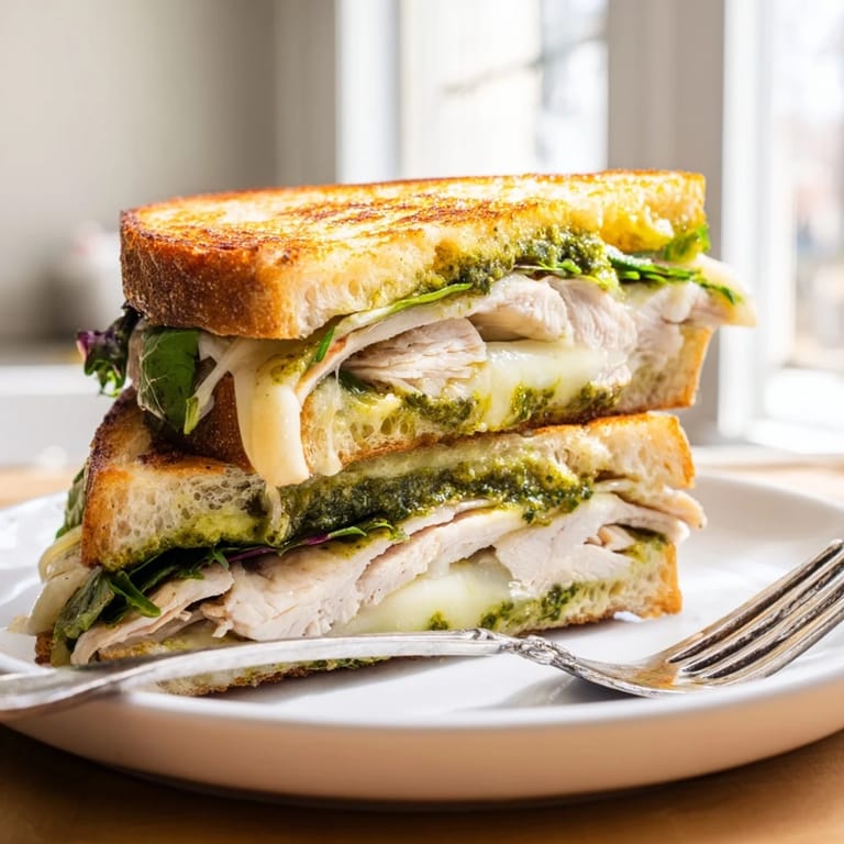 A close-up of a toasted Chicken Pesto Panini, showcasing vibrant pesto, tender chicken, and ripe tomato slices on rustic Italian bread.