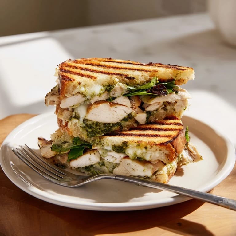 The perfectly pressed Chicken Pesto Panini displays gooey mozzarella and fresh spinach leaves between two crispy, golden ciabatta halves.
