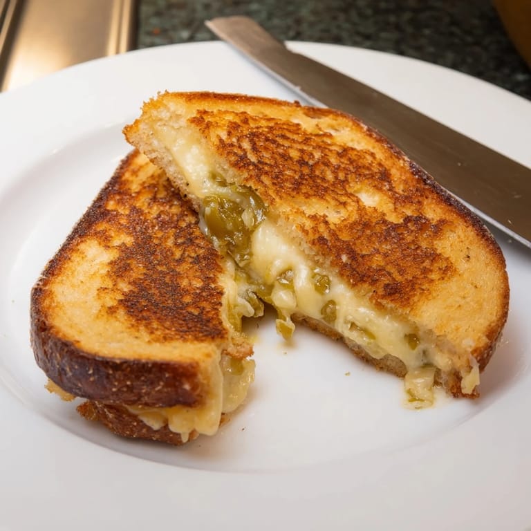 A close-up of a spicy jalapeño pepper jack grilled cheese sandwich, cheese oozing from the edges.  