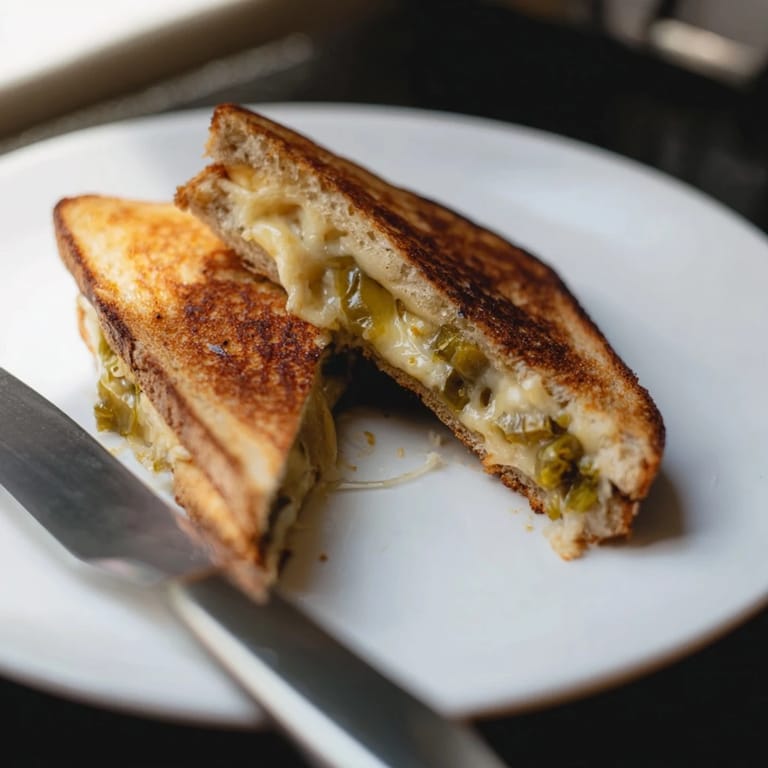 Sliced jalapeño pepper jack grilled cheese served with a bowl of creamy tomato soup for dipping.