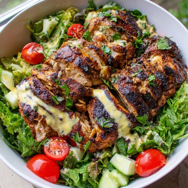 Vibrant Chicken Shawarma Salad Bowl topped with golden-brown chicken, fresh parsley, red onion, and zesty Greek yogurt dressing for a healthy meal.  