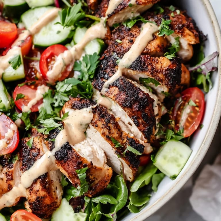 Healthy Chicken Shawarma Salad Bowl served in a white bowl, featuring tender marinated chicken over mixed greens with a tangy garlic sauce.