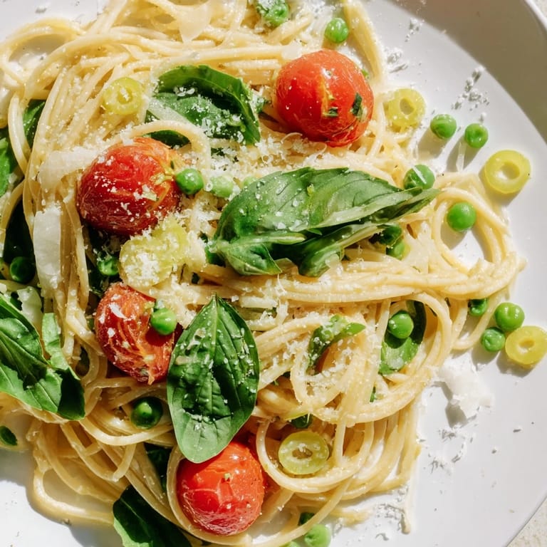 A vibrant skillet of Spring Veggie One-Pot Spaghetti, featuring spinach and red onion, paired with a glass of crisp white wine for an easy weeknight dinner.