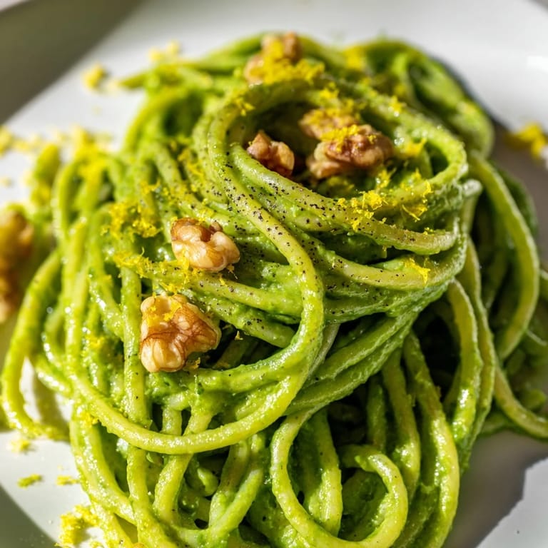 A close-up of Creamy Spinach Walnut Pasta twirled on a fork, showing the velvety, herb-infused sauce clinging to each noodle.  