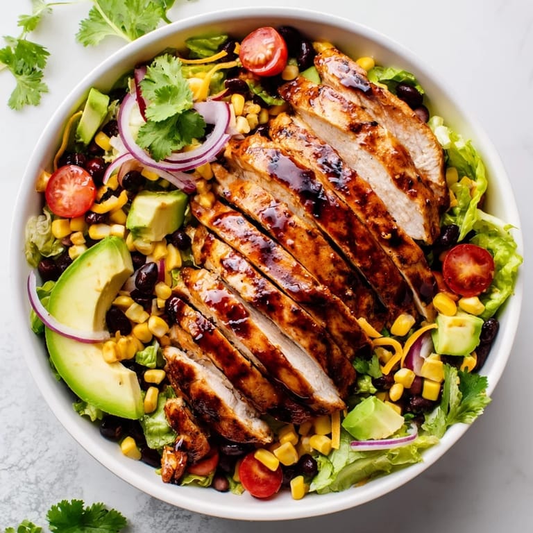 Ready-to-serve honey lime chicken taco salad garnished with cilantro, red onion, and crunchy tortilla strips for a Mexican-American meal.