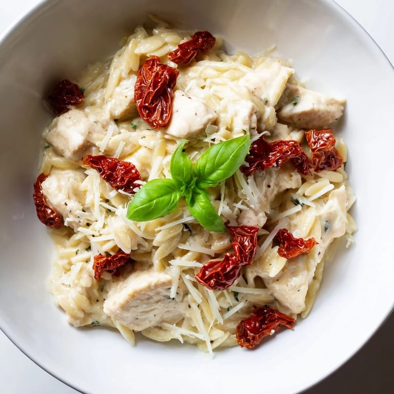 Savory Tuscan Chicken Orzo garnished with fresh basil and melted Parmesan, ready to serve for dinner.