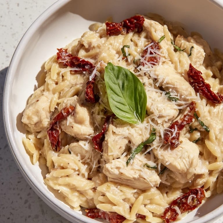 One-pan Tuscan Chicken Orzo featuring tender chicken and orzo in a garlicky, creamy Italian-inspired sauce.