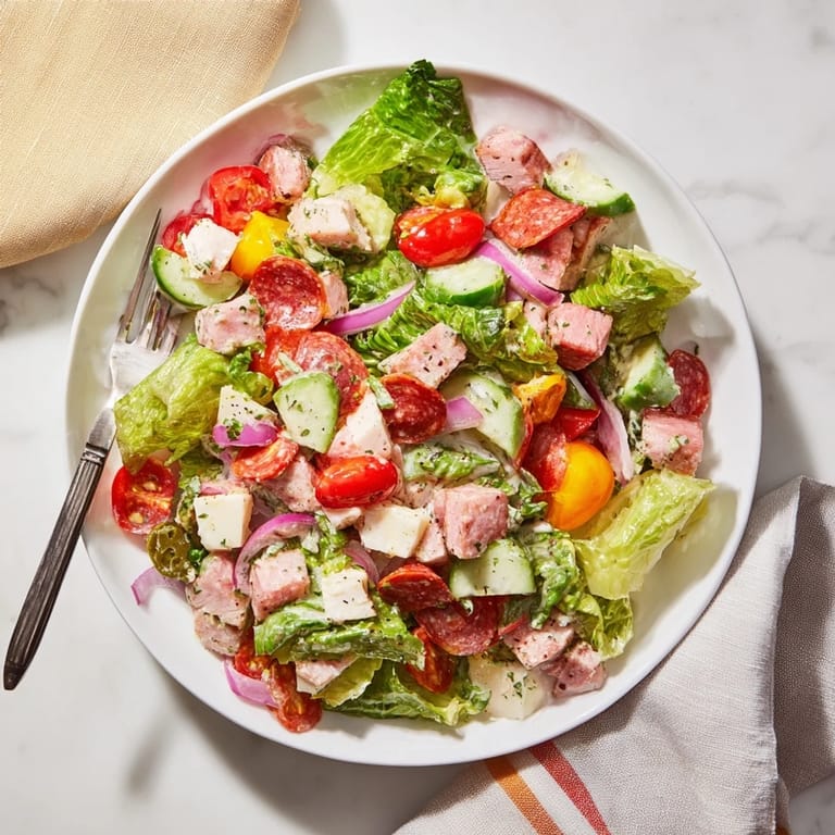 Tossing freshly made Italian Deli Chopped Chicken Salad with diced cucumbers, red onion, and a zesty red wine vinaigrette.